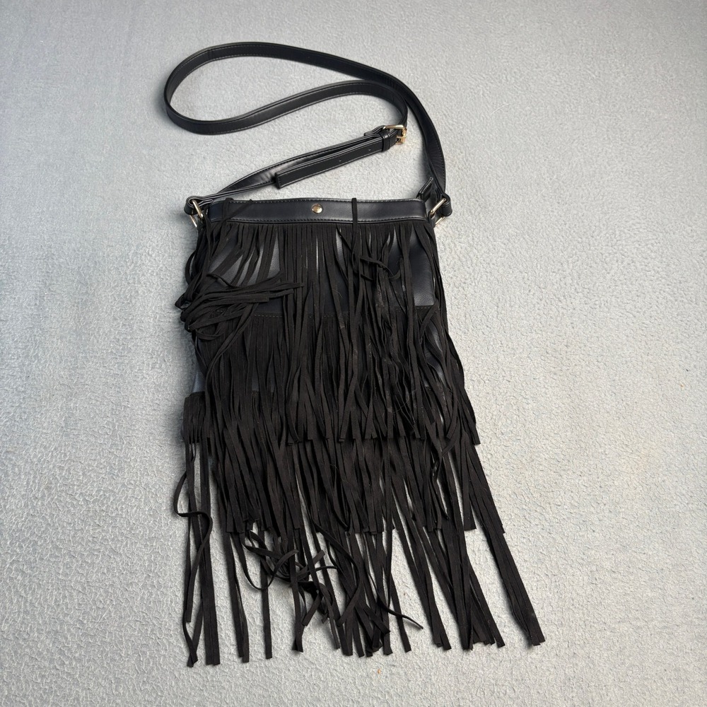Cato Black Faux Leather Fringe Crossbody Bag Western Boho Tiered Tassel Purse